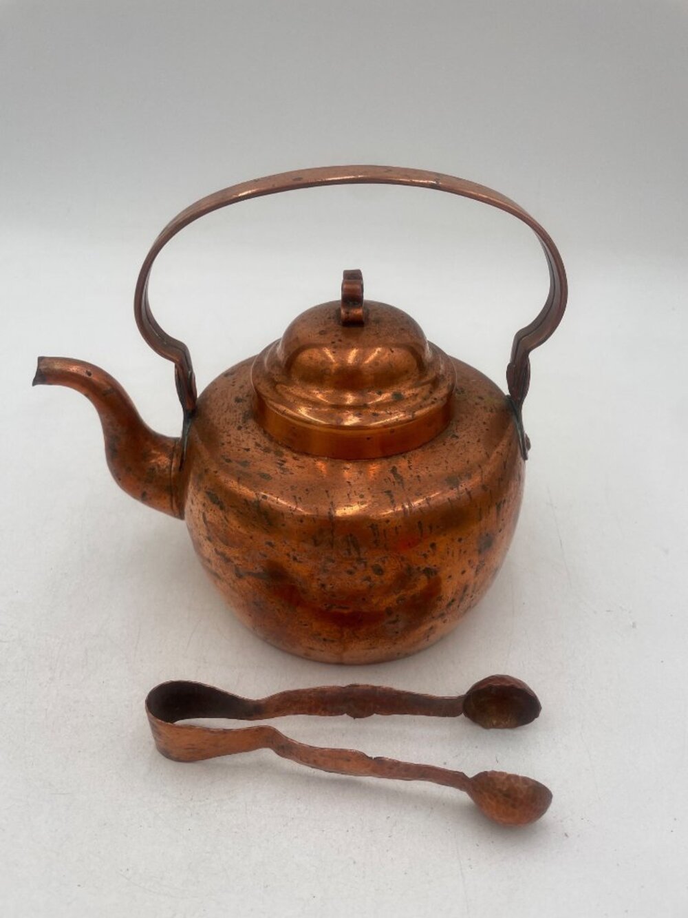 Vintage Copper Teapot With Lid & Handle + Matching Sugar Tongs